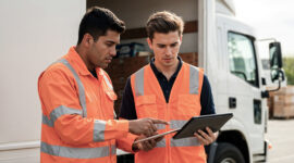 A student truck driver in training with an instructor, ideally in a classroom or behind the wheel.